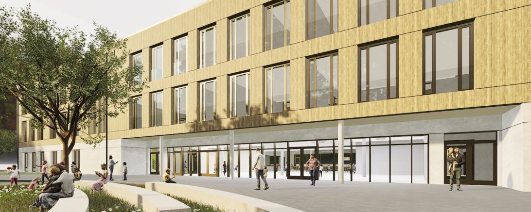 Blick auf den Haupteingang des neuen Schulgebäudes. 