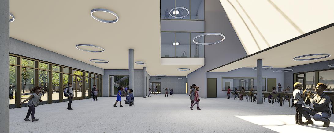 So könnte die Aula und Mensa der neuen Grund- und Mittelschule aussehen. 