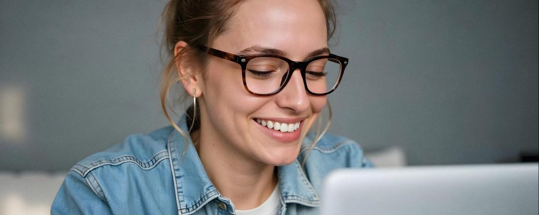 Eine Frau mit Brille arbeitet an einem Laptop.