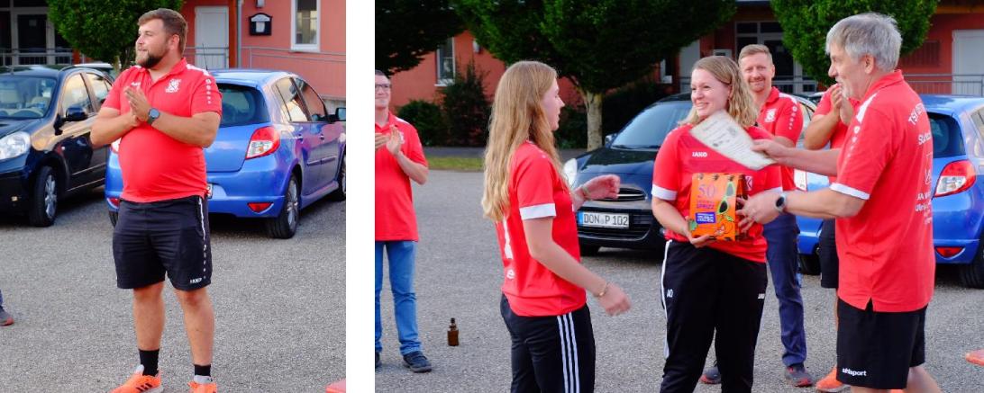 Zusehen sind die Teilnehmer des Turniers, die Begrüßung durch Abteilungsleiter Max Jaumann, die Siegerehrung mit Peter Wolfinger sowie das strahlende Gewinnerteam.