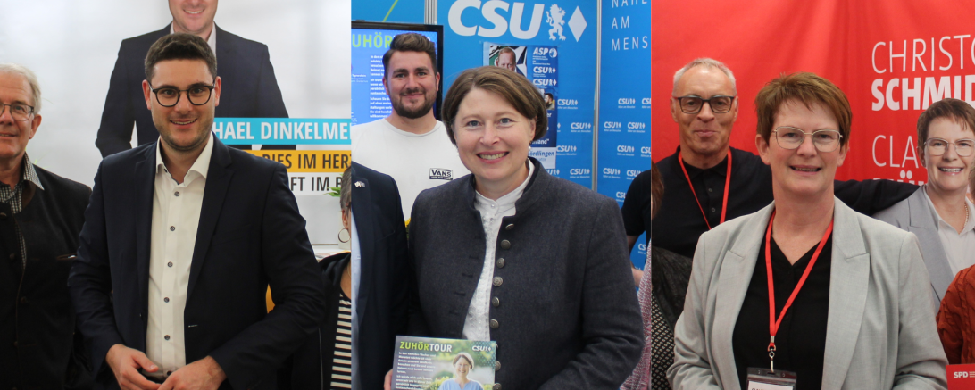 Auf dieser Bildmontage sind von links nach rechts die Landratsamtskandidaten Michael Dinkelmeier (Freie Wähler), Claudia Marb (CSU) und Claudia Müller (SPD) zu sehen. Die Reihenfolge auf der Bildmontage ergibt sich aus der alphabetischen Anordnung den Nachnamen entsprechend.