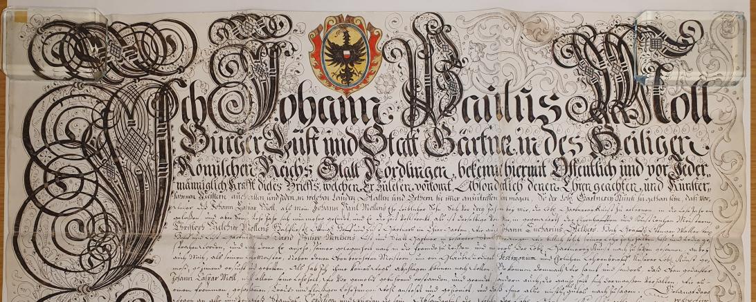 Urkunde im Stadtarchiv Nördlingen: Lehrbrief für Johann Kaspar Moll, ausgestellt von seinem Vater Johann Paulus Moll, Lust- und Stadtgärtner der Reichsstadt Nördlingen, 1714.