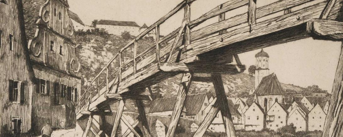 Albert Meyer-Gröbenzell, Hochwassersteg in Harburg, Radierung, o. J.