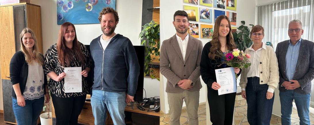 Auf dem Foto (v.l.n.r.):  Maria Dietrich (Praxisanleitung der Auszubildenden), Lisa Kraus (Absolventin), Johannes Eißner (Hausleitung), Florian Straßer (Prokurist), Linda Schön (Absolventin), Anja Offinger (Ausbilderin), Manfred Steger (Geschäftsführer)