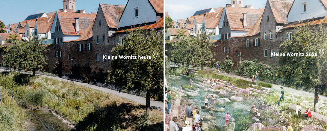 links: Kleine Wörnitz heute; rechts: kleine Wörnitz 2028