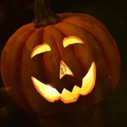 Das Bild zeigt einen geschnitzten Kürbis für Halloween