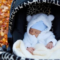 Das Bild zeigt ein Baby in einem Kinderwagen 