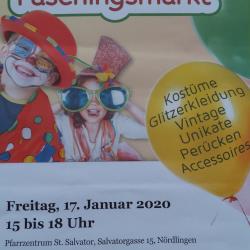 Das Bild zeigt ein Plakat zum großen Secondhand Faschingsmarkt der Kolpingsfamilie Nördlingen.