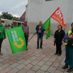 Fünf Personen am Münsterplatz mit Fahnen der Grünen und der ÖDP