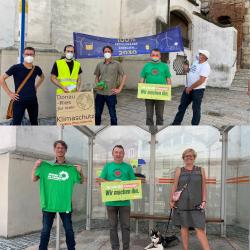 Auf dem Bild zu sehen (von links): David Reitsam und Thomas Rebele von Friday vor Future Donauwörth, Bundestagskandidat Stefan Norder, Bürgermeister Albert Riedelsheimer, und Winfried Schenk (Solarförderverein Donau-Ries) sowie Stadträtin Bärbel Stahl (unten rechts).