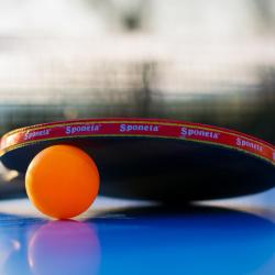 Zu sehen ist ein Tischtennisschläger und ein Tischtennisball. 