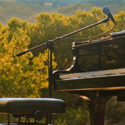 Hier sieht man ein Piano bei einem open-Air-Konzert.
