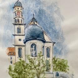 Aquarellierte Zeichnung des Klosters Maihingen.