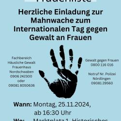 Die Wemdinger Frauenliste lädt zur Mahnwache anlässlich des Internationalen Tag gegen Gewalt an Frauen.  